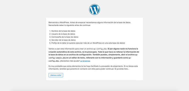 pantalla inicial para instalar wordpress